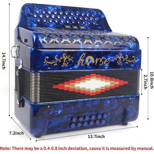 Horse 34 Key Accordion, FBE 12 Bass 3 Row, Made of Celluloid Louder & Clearer Timbre than Plastic,Accordions Instrument for Adults,W/Luxury Backpack,Straps,34 Buttons Acordeón Acordeones Para Adultos