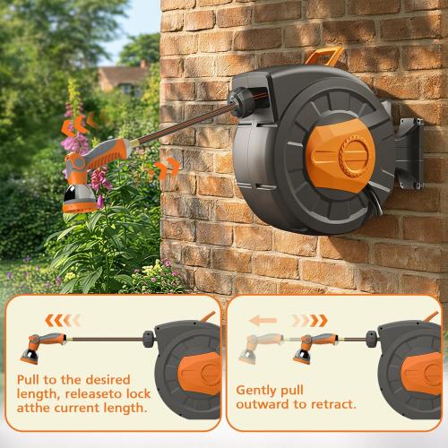Retractable Garden Hose Reel 100 FT, 1/2 Heavy Duty Garden Hose 435 PSI Burst Pressure, Wall Mounted Water Hose Reel with 10-Pattern Nozzle, 180° Swivel, Slow Auto Rewind & Any Length Lock