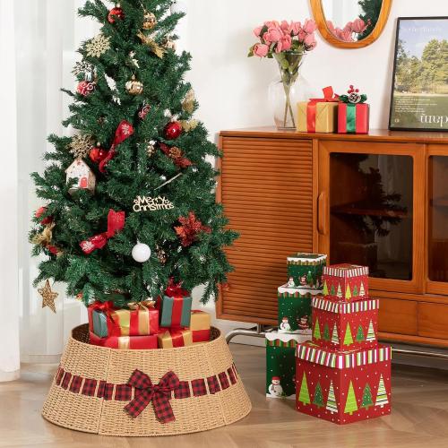 OIAHOMY Christmas Tree Collar, Wicker Holiday Tree Skirt & Stand Base Cover,Paper Rope Christmas Decor with a Bow Tie, Natural-27 inch