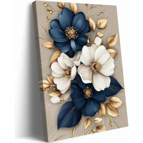 Modern Floral Canvas Wall Art Blue White Gold Flowers Wall Decor Pictures Flower Market Poster Prints for Living Room Bedroom Office Home Decoration 16x24in Ready to Hang
