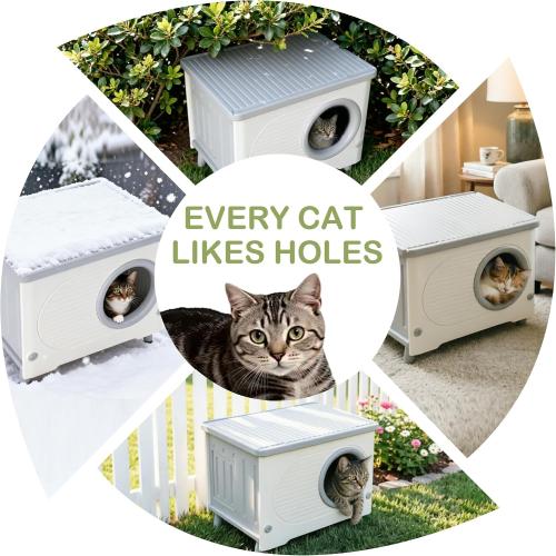Weatherproof Cat Houses for Outdoor Cats with Escape Door,Door Flap,Grey | Made of Heavy-duty HDPE Plastic, Elevated Stackable, Insulated Feral Cat Shelter, All-season Use, Ideal for Yard, Porch Barn