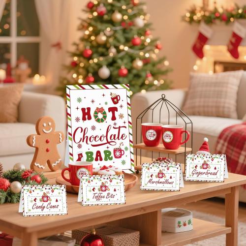 Meanplan 52 Pcs Christmas Hot Chocolate Bar Cocoa Bar Supplies 8 Acrylic Jars with Spoons 1 Hot Cocoa Stand Sign 24 Round Stickers 18 Tent Cards for Xmas Winter Party Supplies(Classic Color)