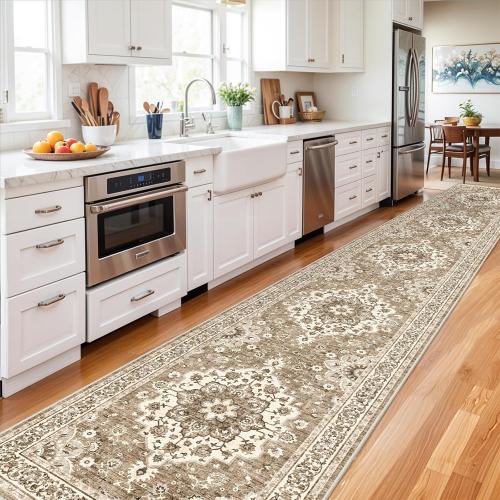 Washable Oriental Hallway Runner Rug - 3x20 Rugs for Living Room Soft Carpet for Bedroom Kitchen Waterproof Floral Distressed Indoor Stain Resistant Non-Shedding Floor Carpets (Beige, 3X20)