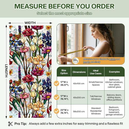 Stained Glass Window Film UV Resistant Window Privacy Film, Colorful Flowers Privacy Films Rainbow Decals Bathroom Bedroom Sun Blocking Decor Removable Static Cling Stickers 23 x 39.37 Inch