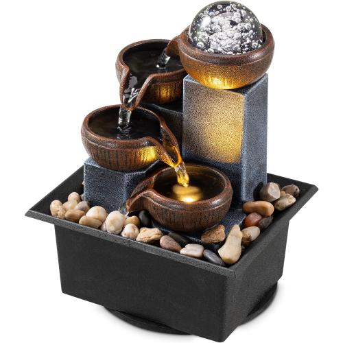 Tabletop Fountain 4 Level Tabletop Waterfall Indoor Meditation Fountain Office Home Relax Desktop Waterfall Pool Includes Many Natural River Rocks LED Lights Fixed Decorative Bubble Ball