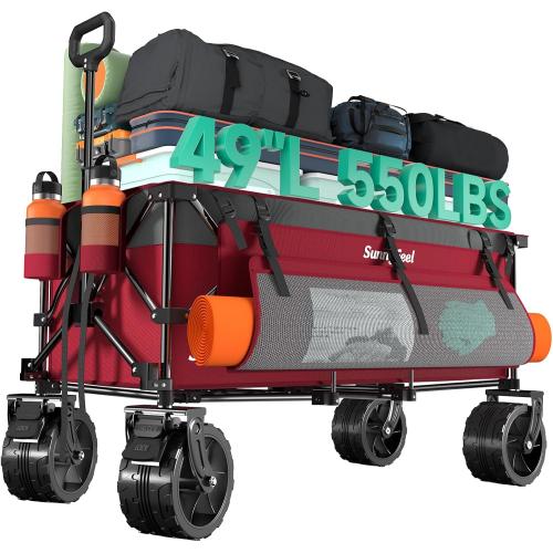 SUNNYFEEL 49 L Foldable Wagon Cart with Big Wheels - 550lbs Heavy Duty Extra Long Collapsible Shopping Cart - Utility Grocery Wagon for Garden Sports Camping Outdoor Activities (Red)