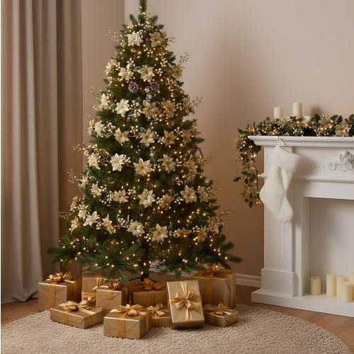 Syhood 6.5ft Prelit Poinsettia Flower Garland Valentine's Day Decor Artificial Lighted Garland Battery Operated Glitter Berries Leaves for Christmas Mantle Home Indoor Outdoor Decor(Champagne,1 Pcs)