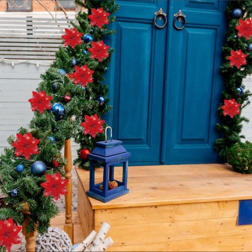 SPORTYOUTH 30 Pcs Red Poinsettia Artificial Christmas Flowers with Clips Stems, 5.5 Xmas Tree Decoration Ornaments Glitter Poinsettias Flower for Wreath Garland New Year Holiday Wedding Home Party