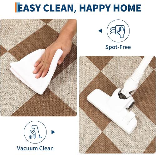 GarveeHome Checkered Easy Jute Area Rug 8x10 Machine Washable Non-Slip Stain Resistant Indoor Outdoor Rugs for Living Room, Bedroom, Kitchen, Dining, Patio Farmhouse Style Brown