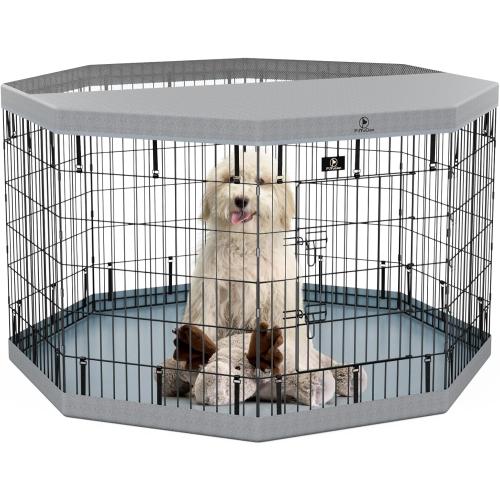 PJYuCien Dog Playpen, 8 Panels 36”H Dog Playpen Indoor with Grey Bottom Pad and Top Cover, Metal Foldable Dog Pen for Indoor Use, Better for Small Medium Animals, Grey