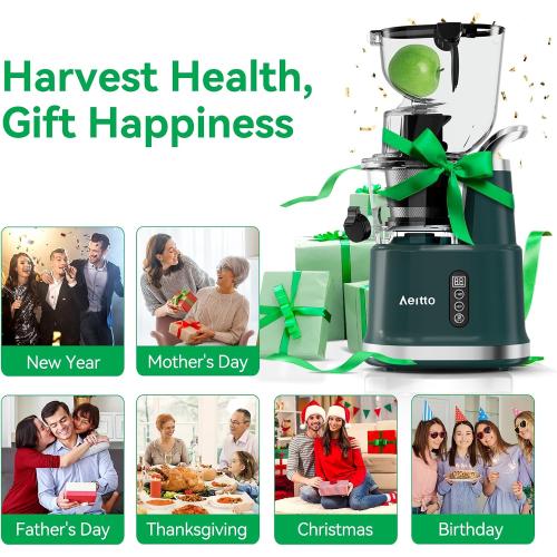 Cold Press Juicer,Aeitto Slow Masticating Juicer with Wide & Dual Feed Chute for Vegetables and Fruits, High Juice Yield, Self Feeding for Juice Extractor, BPA-Free, Dark Green