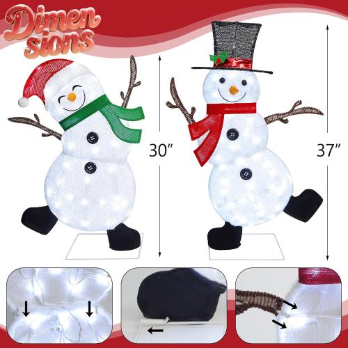 Lulu Home 2-Pack Lighted Christmas Snowman Decorations, 3.1 2.5FT Outdoor Snowmen with 70 LEDs White Lights, 2D Plug-in Snowman Holiday Yard Decor with Scarves for Lawn Garden Party