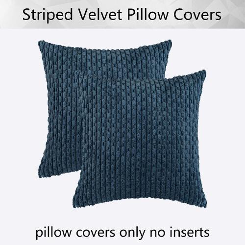 Kevin Textile Throw Pillow Covers Soft Corduroy Decorative Set of 2 Boho Striped Pillow Covers Pillowcases Farmhouse Home Decor for Couch Bed Sofa Living Room 18x18 Inch Blue