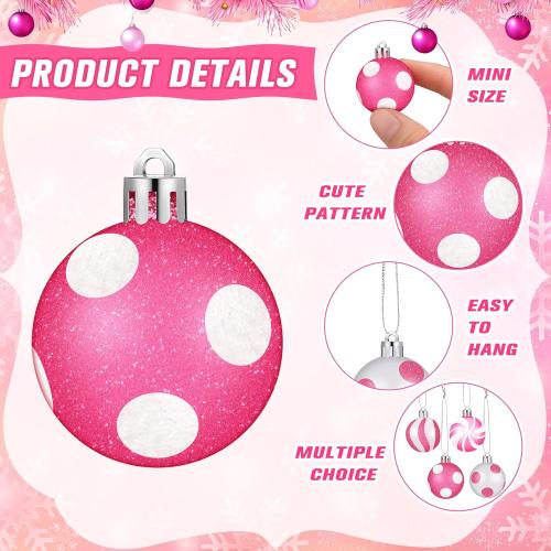 Lenwen 54 Pcs Christmas Balls Ornaments Mini Pink and White Christmas Tree Ornaments Xmas Striped Dots Shatterproof Plastic Hanging Ornaments for Tree Holiday Party Christmas Decorations, 1.18inch