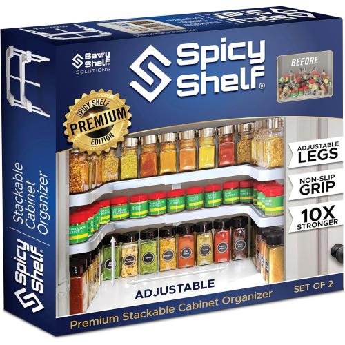 Spicy Shelf Premium – Expandable 2-Tier Spice Rack Organizer for Cabinets & Pantry – Adjustable Stackable Kitchen Seasoning Organizer – Strong Non-Slip Cabinet Organizer for Spices, Bottles & More