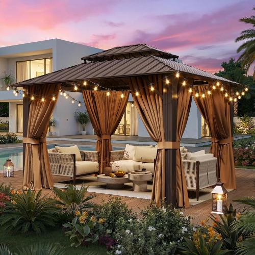 10x12FT Hardtop Gazebo Brown | Permanent Outdoor Pergola with Double Galvanized Steel Roof and Curtains and Netting for Backyard, Patio, Lawn and Garden