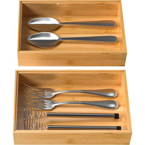 VeyFey Silverware Tray for Drawer, Stackable Kitchen Bamboo Drawer Organizer 9 x 6 x 2 Set of 2