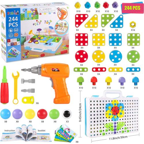 Educational Toys Building Blocks, 244 Pieces Electric Screwdriver DIY Building Toys for Boys and Girls, Educational Construction Building kit for Kids Ages 4 5 6 7 8 9 10 Year Old