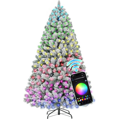 HOLLO STAR 6 ft Flocked Prelit Christmas Tree with 350 LED Lights, App Control, Artificial Christmas Tree, Multi-Color RGBW Lights, 947 Branch Tips, Snow Xmas Tree, for Home, Party