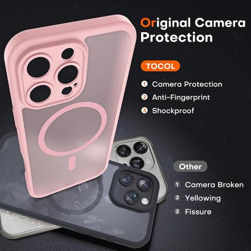 TOCOL for iPhone 16 Pro Case, Compatible with MagSafe, Light Pink | Built-in Magnets, Full Camera & Military-Grade Protection, Anti-Slip Shockproof Translucent Matte Back Phone Cover