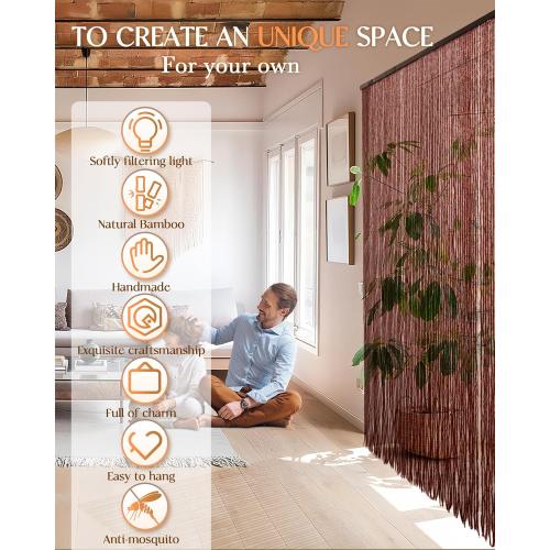 90 Strands Beaded Curtain for Doorways -35.5x79- Handmade Natural Beaded Curtains，Boho Doorway Wood and Bamboo Bead Curtain-As Insect Screen/Room Divider-Brown