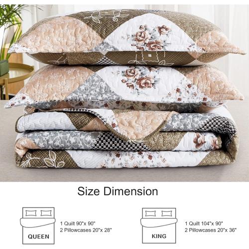 Dinjoy Floral Plaid Patchwork Quilt Set California King Size, Reversible Brown Bedding Set Soft Microfiber Lightweight Bedspread Coverlet 3 Piece Fall Autumn Use(106x96 inches, Cal King)