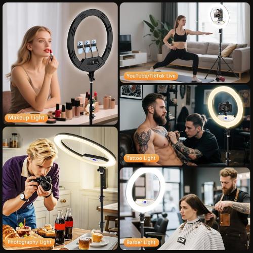 22'' Ring Light with 75'' Tripod Stand, LED Display/2 USB Ports/6500K Dimmable Ring Light for ipad Phone Holder for Tattoo Lash Live Makeup Video Recording TikTok Barber Stylist Photography