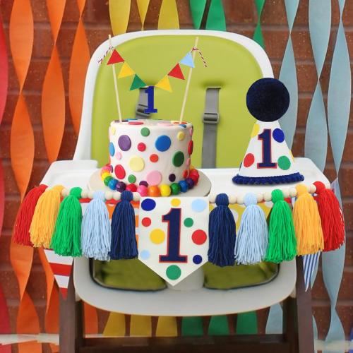 Colourful Rainbow Dot 1st High Chair Banner Conical Cap Primary Colors Cake Topper for Boys Girls Birthday Party Decorations