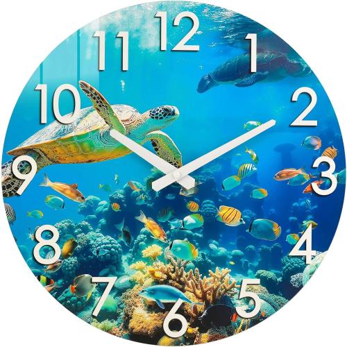 Crosstime 16 Inch Large Outdoor Wall Clock Waterproof - Sea Turtle & Coral Reef Ocean Life Theme, Tempered Glass Face - Silent Coastal Decor Clock for Outside Patio, Poolside, Garden, Beach House