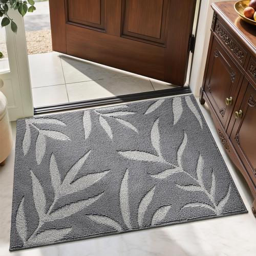 LUMI Indoor Door Mat 24x36, Washable Front Doormat with Welcome Leaf Pattern, Non-Slip Rubber Back Absorbent Mats for Entrance, Patio, Garage, Light Grey