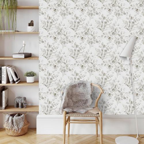 Naphite Floral Wallpaper Peel and Stick Wallpaper for Bedroom Grey Floral Boho Contact Paper for Cabinets Drawer Self Adhesive Removable Farmhouse Contact Paper Eucalyptus Leaf Nursery 17.3inW 78.7inL