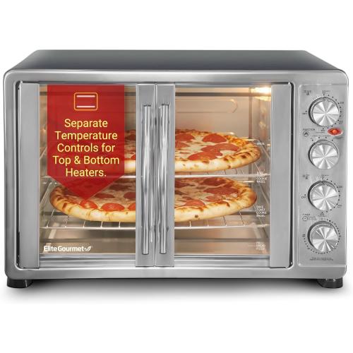 Elite Gourmet ETO-4510M French Door 47.5Qt, 18-Slice Convection Oven 4-Control Knobs, Bake Broil Toast Rotisserie Keep Warm, Includes 2 x 12 Pizza Racks, Stainless Steel