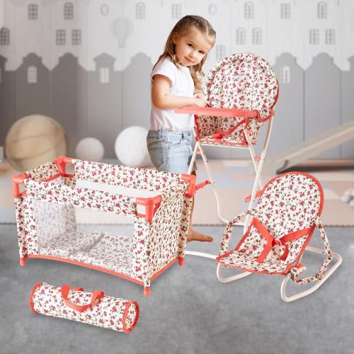 Floral Baby Doll Accessories Set, 3-1 Baby Doll Crib, Baby Doll High Chair & Bouncer Seat. 18 inch Doll Accessories with Doll Bed. 18 Dolls Furniture Play Stuff. Toys for Girls Ages 3-5,4-6,5-7,8-10