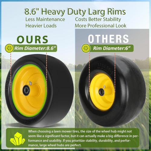 BLACK TIRE YELLOW RIM 2 Pcs 13x6.50-6 Lawn Mower Tires Flat Free with 3/4 Chrome Steel Bearings, 13x6.50-6 Zero Turn Mower Front Tires, 13x6.5-6 Flat Free Lawn Mower Tires for Commercial Grade Lawn, 5.5-7.5 Centered Hub