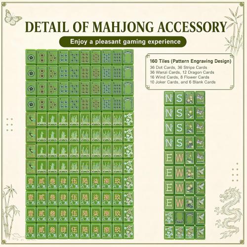 Arrowbash 160 Pcs American Mahjong Set 1.2 Inch Green Style Mahjong Tiles Set with Melamine Hand Carved Pattern for Adult Mah Jong Tabletop Games Mah Jong Lover Beginners