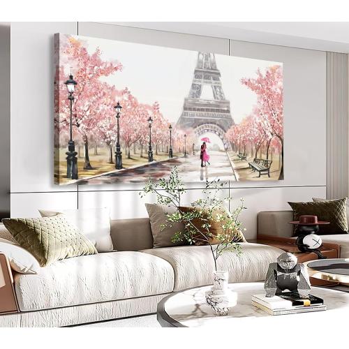Eiffel Tower Canvas Wall Art - Romantic Paris Street Scene with Cherry Blossoms & Couple, Pink 20x40 Inch, Ready to Hang Framed Print for Living Room Bedroom Decor (Gallery Wrapped)