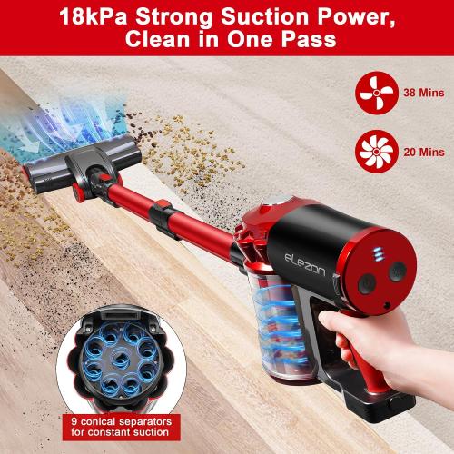 Red elezon A200 Cordless Vacuum Cleaner with 18000Pa Powerful Suction, 38 Min Runtime, 2200mAh Battery, HEPA Filter, Portable Stick Vacuum for Hardwood Floor, Lightweight Handheld for Home, Pet Hair, Car