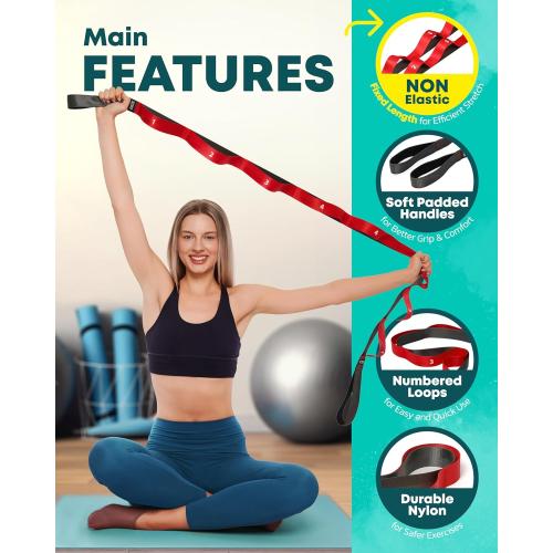 Stretching Strap with Loops - Non Elastic Stretch Band for Physical Therapy, Yoga Strap for Stretching Equipment, Stretch Bands for Exercise and Flexibility - Fascia, Hamstring & Leg Stretcher Belt