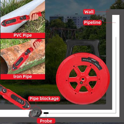 Red 100Ft Pipe Locator Underground Pipe Blockage Detector Locators Water Pipe Wall Scanner,Water Pipe Locator Pipeline Underground Diagnostic,Blocking Clogging Scanner for Concrete PVC Water Pipes 100ft