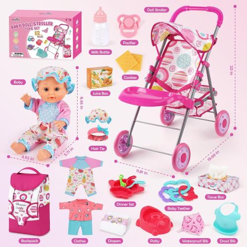 Baby Doll Stroller Set with 12.5 Doll, Baby Dining Table, Backpack with Carrier, 21 PCS Baby Doll Accessories Stroller Toys, 2 Sets Doll Clothes, Feeding Set Girls Toddlers Gifts for Pretend Play