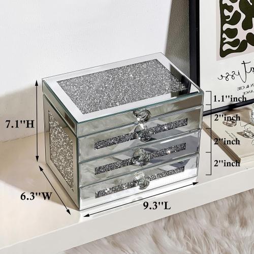 Mirrored Jewelry Box, 3-Layer Glass Jewelry Organizer with Lid & 2 Drawers, Silver Crushed Diamond Home Decor, Fancy Gift for Her (9.3 L x 6.3 W x 7.1 H)‼️ slight imperfection with diamonds on right side small light scratches on glass‼️