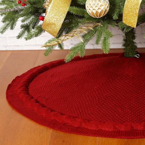 Sattiyrch Christmas Tree Skirt, 36 inches Luxury Cable Knit Knitted Thick Rustic Xmas Holiday Decoration, Burgundy (36in)