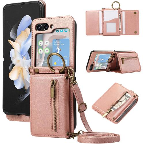 Compatible with Samsung Galaxy Z Flip 6 5G 2024 Wallet Case and Crossbody Shoulder Strap Ring Buckle Hinge Protection Stand Card Holder Phone Cover for ZFlip6 Z6 G Flip6 6Z Women Girls Men Rose Gold