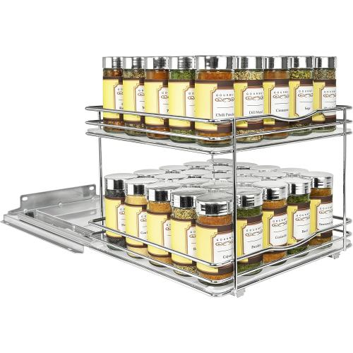 LYNK PROFESSIONAL® Pull Out Spice Organization for Cabinets - 10-3/8 inch Wide – Spice Rack for Inside Cabinets, Slide Out Spice Rack Organizer for cabinet – Pull Out Spice Rack, Sliding 2 Tier Chrome
