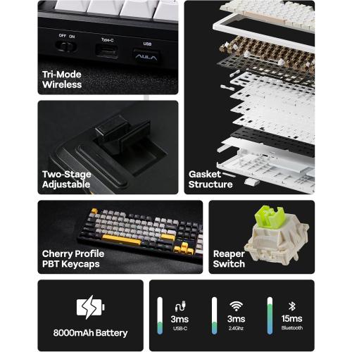 EPOMAKER X Aula F108 PRO Wireless Gaming Keyboard with Screen, 8000mAh Battery, 104 Hot-Swappable and Programmable Keys and Knob, RGB Backlight, for Mac/PC/Android (Grey&Yellow)