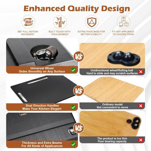 Joy&Grace Appliance Slider for Kitchen Appliances 360° Rolling Sliding Tray for Coffee Maker Countertop, Bamboo Coffee Pot Slider Rolling Tray with Universal Rollers (Black, Large 16x13)