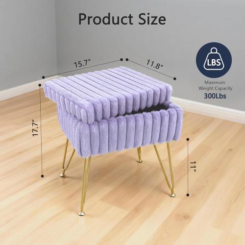 Vanity Stool Chair with Storage, Faux Fur Soft Padded Ottoman with Coffee Table, Modern Vanity Chair Fluffy Footstool with Metal Legs for Makeup, Living Room,Bedroom Purple
