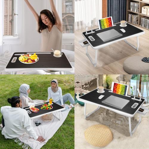 Laptop Bed Table, Laptop Desk for Bed, Foldable Laptop Bed Desk with USB Charge Port, Handle, Desktop Card Slot, Cup Slot, Side Drawer, Portable Laptop Table for Bed Eating Reading Working