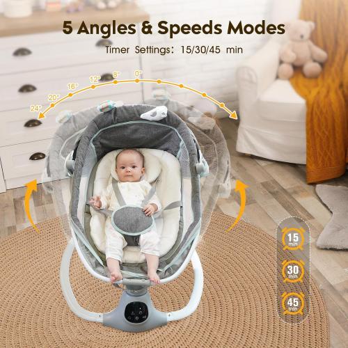 Electric Baby Swing for Infants to Toddler, Portable Swing Baby Rocker with 5 Point Harness, 5 Sway Speed, Bluetooth,12 Preset Lullabies with Remote Control, Infant Swing for Baby Boys & Girls, Grey