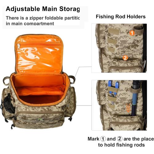 N NEVO RHINO Fishing Tackle Backpack with Rod Holders, 40L Large Fishing Bag with Waterproof Rain Cover,Outdoor Tackle Bag